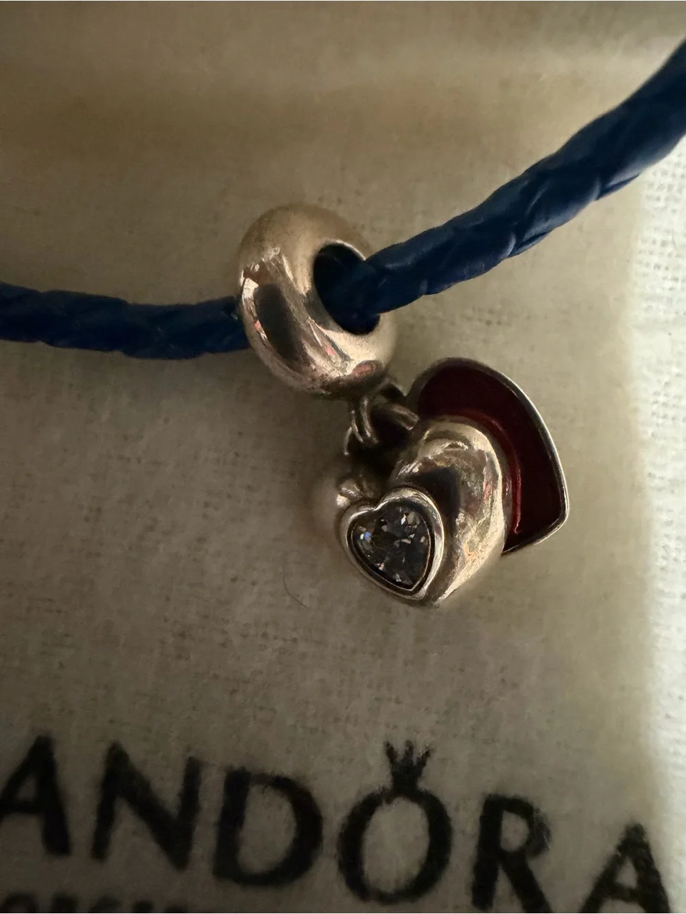 Pandora Blue Braided Leather Bracelet with Red Heart Charm and Silver Accent
